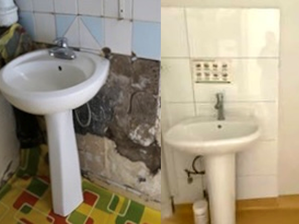 洗面台の改修前の様子（左）と改修後の様子
