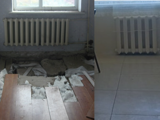 改修前の医務室の床（左）と改修後の様子